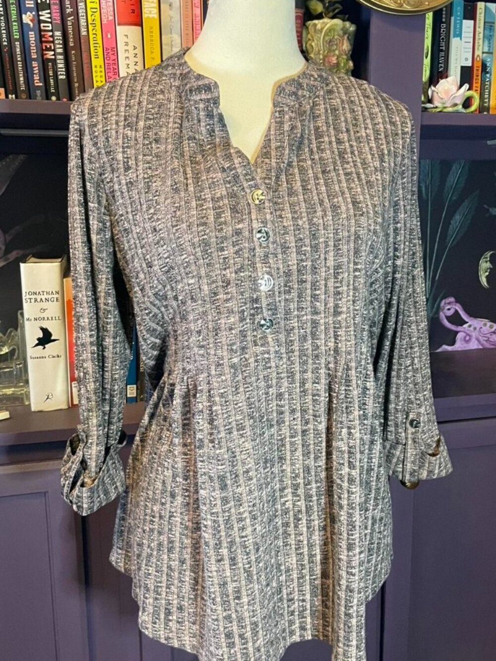 Button up henley top with 3/4 sleeves
